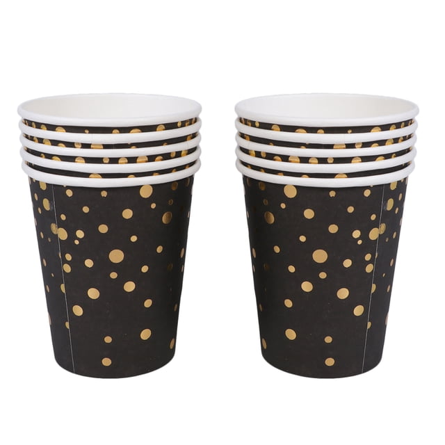 KAKOWELY 10 vasos de papel con estampado de puntos en color negro y dorado para fiestas.
