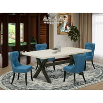 East West Furniture X627SI121-5 5-Pc Dinette Set- 4 Upholstered Dining Chairs with Blue Linen Fabric Seat and Button Tufted Chair Back - Rectangular Table Top & Wooden Cross Legs - Linen White and...