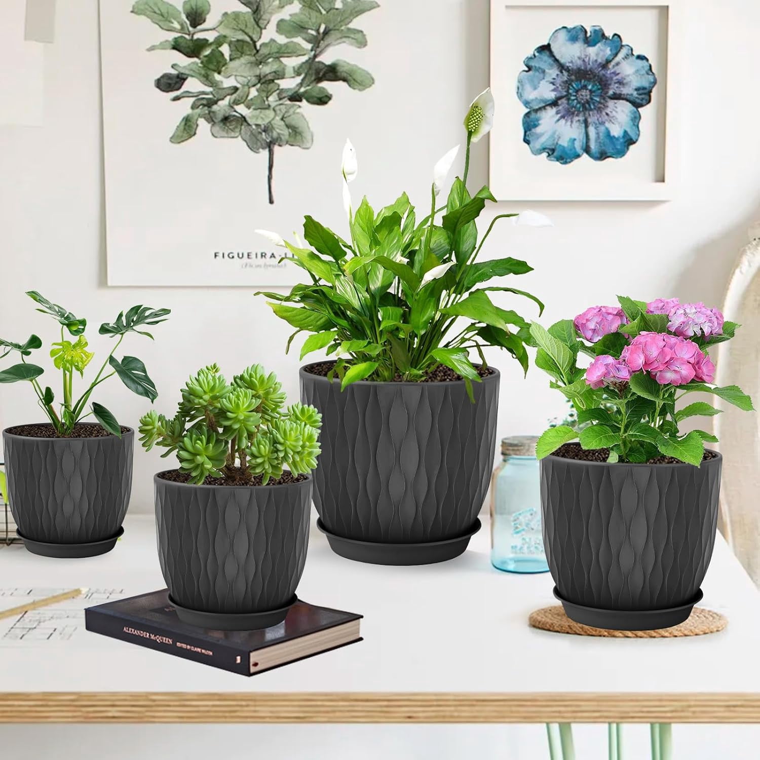 Set of 5 Plastic Plant Pots, 10 9 8 7.5 7 Inch Flower Planters with Drainage & Saucers, Black