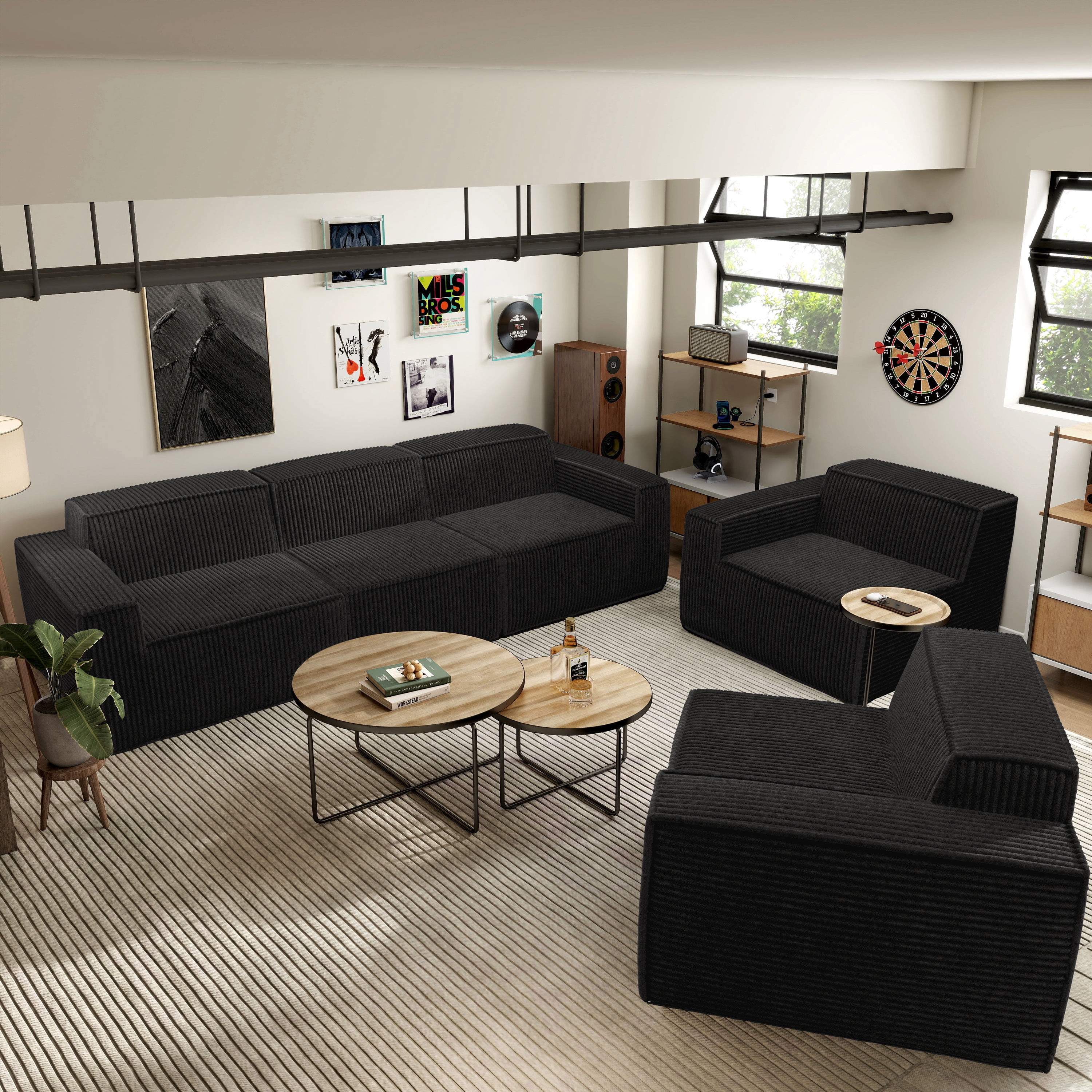 Furniture of America Solan Modern Chenille Modular Wide Track Arms 2-Piece Sofa Set with Sofa and Loveseat Black