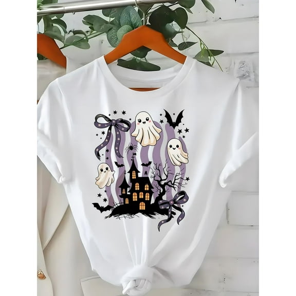 Cotton Ghost Castle Graphic Tee Cotton T Shirt Tops Short Sleeve Round Neck Comfortable White S-5XL