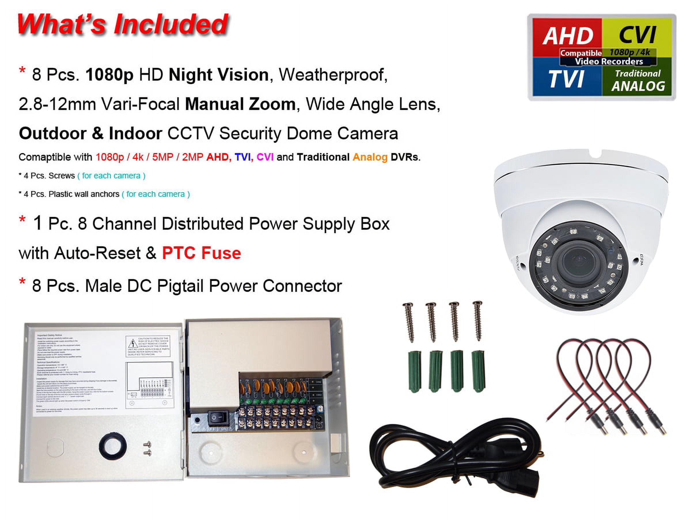 Evertech 8 pcs. 1080P HD Wired Dome CCTV Security Camera with 12V DC Power Supply Box (DVR Required)