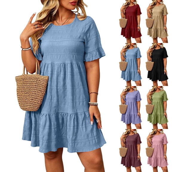 Horkkom Summer Dresses for Women Short Sleeve Mini Solid Color T Shirt Dress Vacation Beach Sundresses, XL-5XL