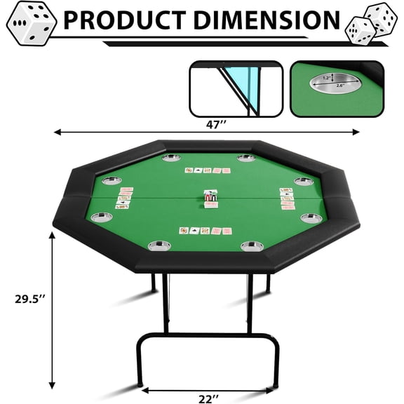 Acekid Octagon Poker Table with 8 Stainless Steel Cup Holders, Casino Leisure Table for 8 Players, Blackjack Gaming Table with Water-Resistant Cushioned Rail