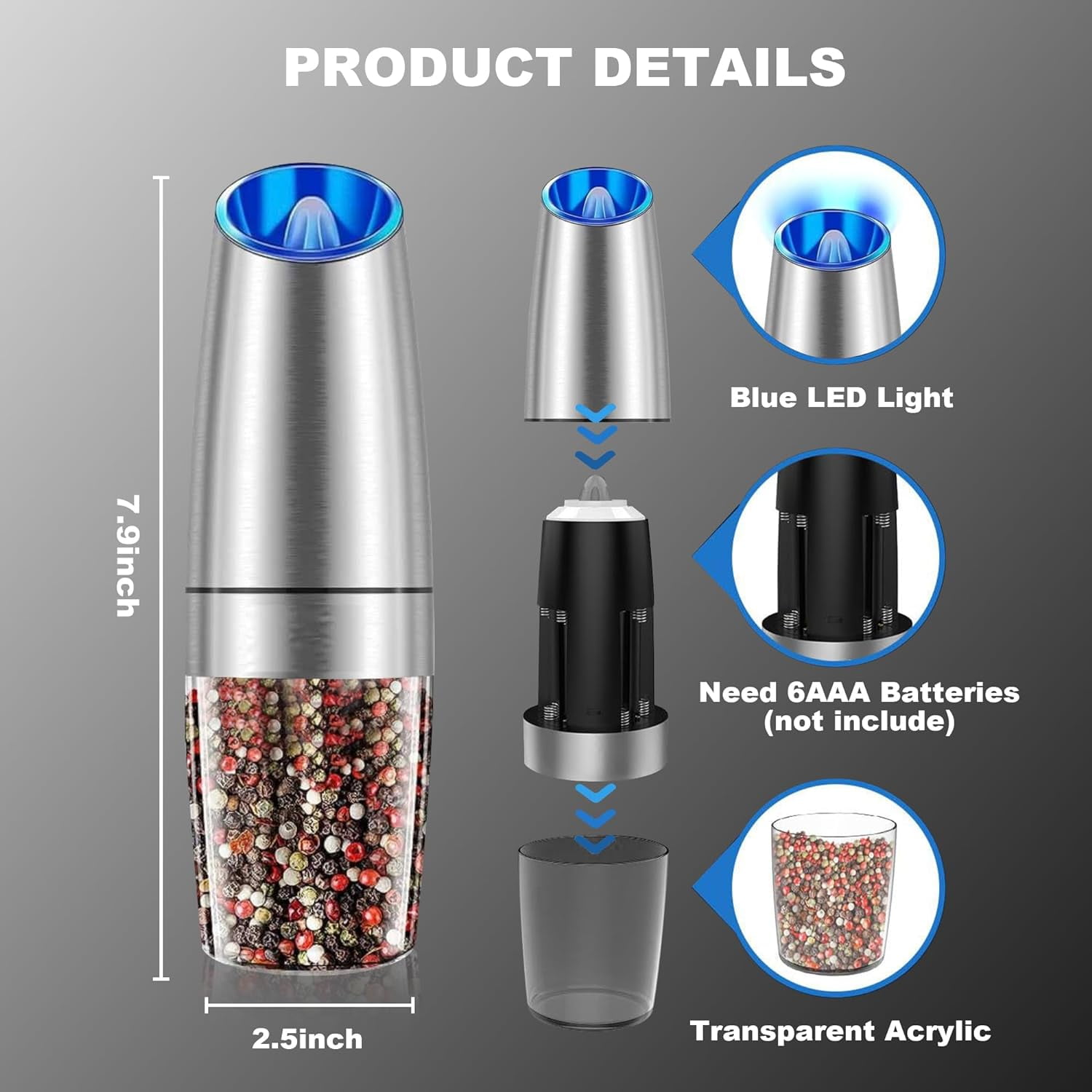 Gravity Electric Salt and Pepper Grinder Set - Automatic Shakers Mill Grinder with LED Light - Battery Powered Adjustable Coarseness One Hand Operation - Upgraded Larger Capacity - Sliver