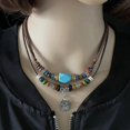 thumbnail image 3 of Men Necklace Layered Ethnic Style Metal Flower Pendant Wax Rope Wooden Beads Turquoise Clavicle Chai---Model code 27825, 3 of 5
