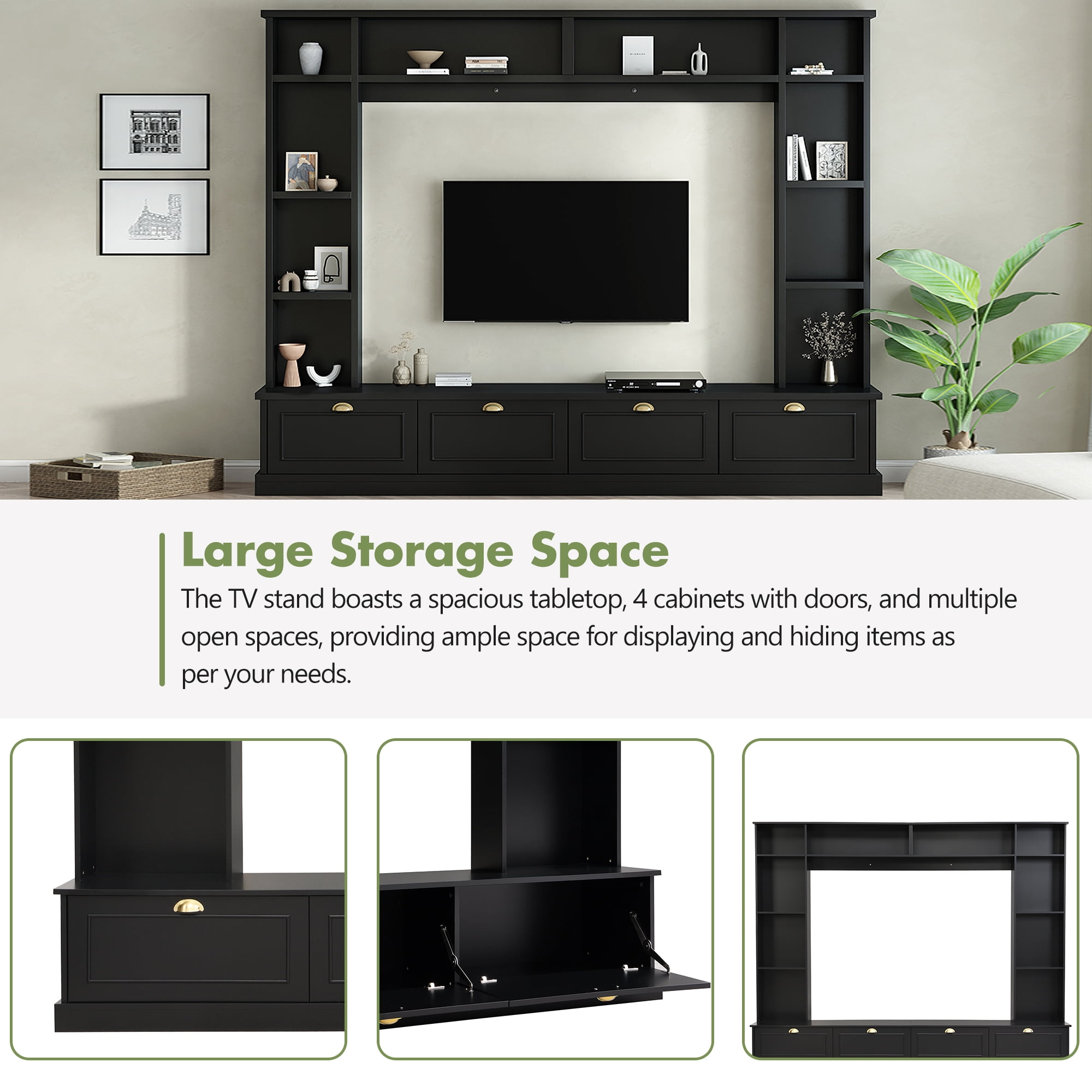 MAYEERTY Large Wall Unit Entertainment Center with Bookshelves for TVs Up to 78'', Modern TV Console with Cabinets and Open Shelves, Black
