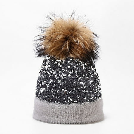 Fulijie Women Outdoor Warm Knitted Hat Dyed Raccoon Ball Sequined Hat Ear Protection Hat in Winter Sun Hats for Women Baseball Game Outfit Women Ball Caps Women Men s Hats & Caps