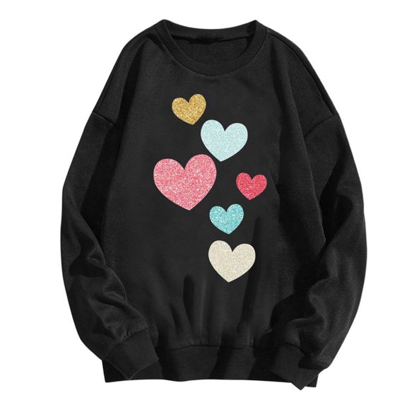 Women's Fashion Valentines Sweatshirts Colorful Heart Print Long Sleeve Pullover Shirts Casual Tops
