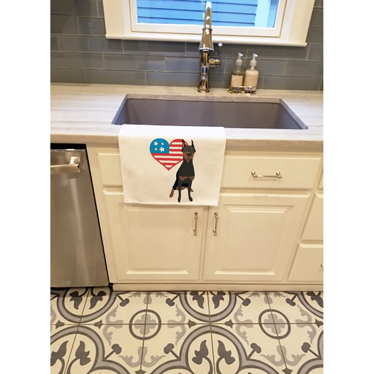Carolines Treasures WDK4115WTKT 28 x 19 in. Unisex Doberman Pinscher Black Cropped Ears Patriotic White Dish Towels Kitchen Towel - Set of 2
