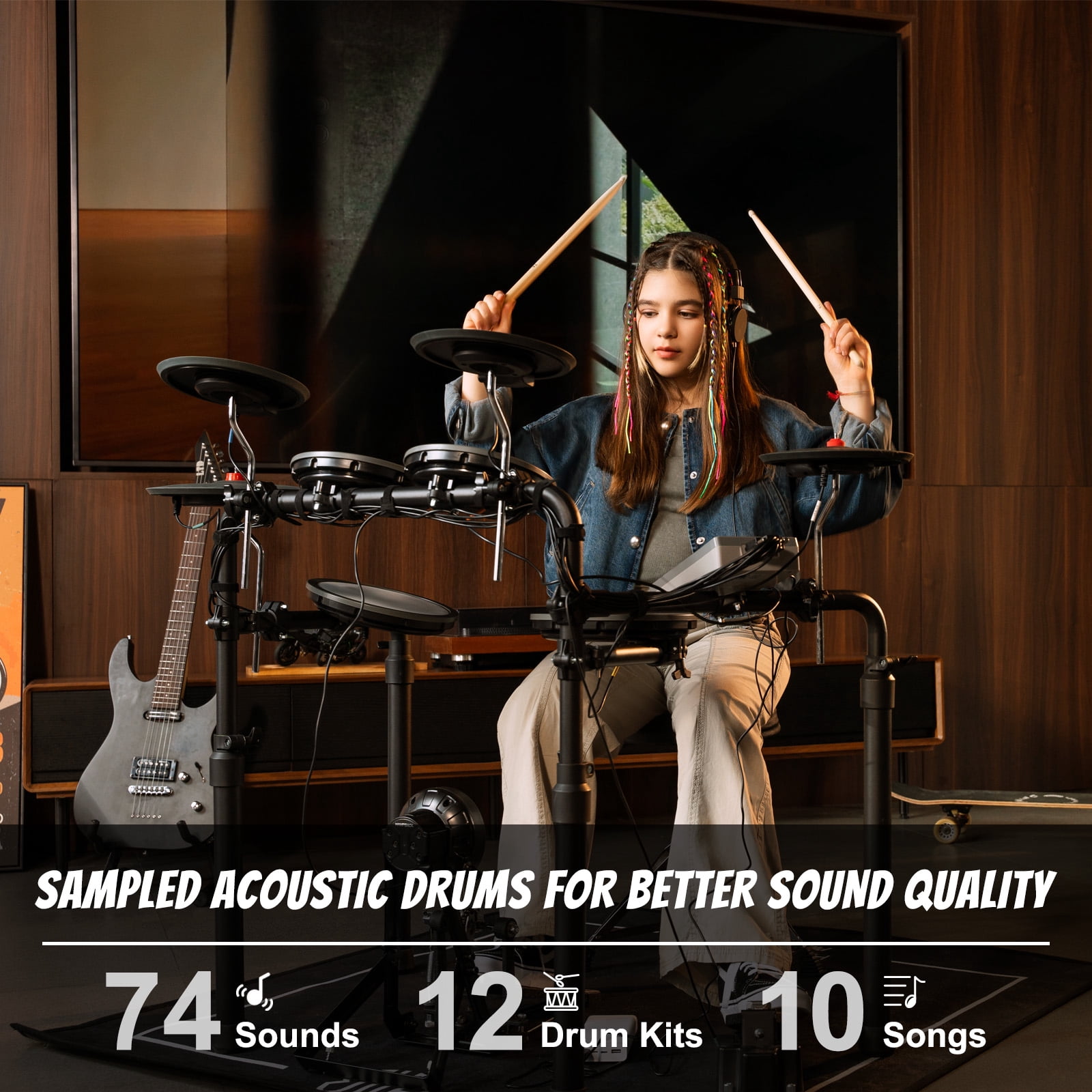HAMPBACK MK-0 Plus Electric Drum Set for Beginner  5" Kick Drum, Quite Mesh Pads, Full Rubber Crash, 12 Drum Kits and 74 Sounds, Bluetooth, Throne, Sticks, Headphones.