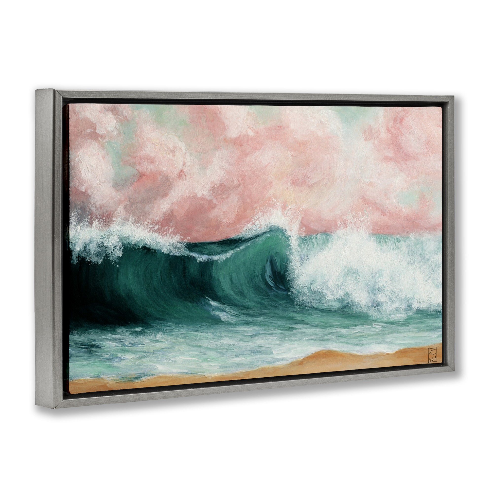 Crashing Seascape Waves Gray Framed Floater Canvas Wall Art, design by Sara Culpepper