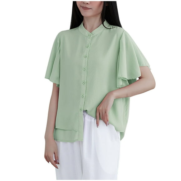 Women's Summer Fashion V-neck Button Casual Loose Short Sleeve Top, Solid Color Flowy Ruffle Sleeve Blouse, Comfortable and Stylish V-neck Shirt for Daily Wear, Perfect for Warm Weather