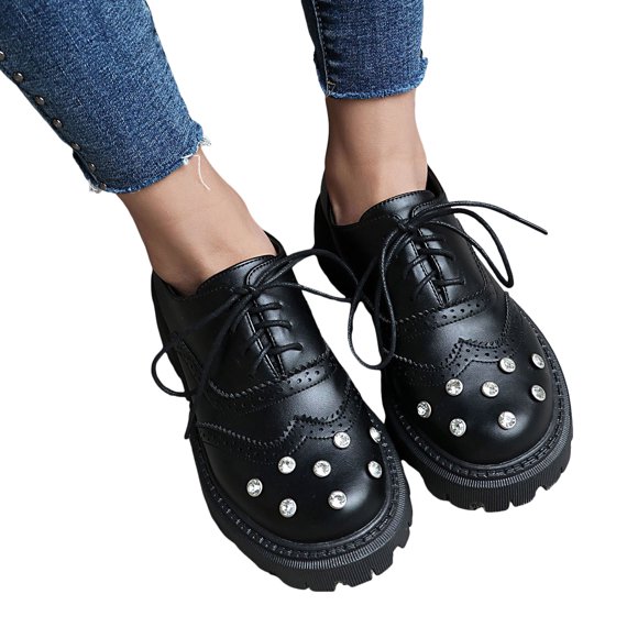 Rhinestones Sparkly Chunky Platform Casual Walking Shoes for Women Fall Glitter Leather Loafers Fashion Sneakers