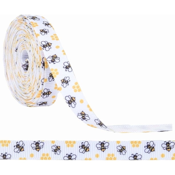 Cinta con estampado de abejas de 10 yardas y 3/8 de pulgada, color blanco y amarillo, fina, de poliéster, con estampado de abejas, de grogrén, rollo a granel