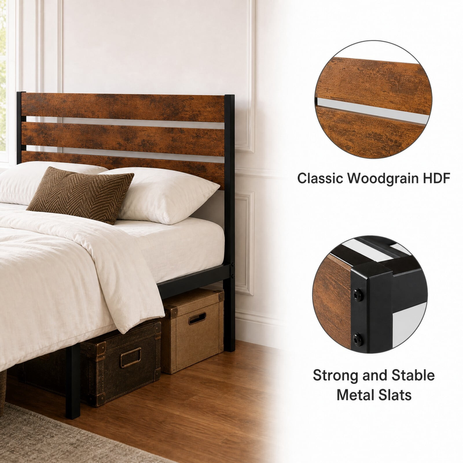 Kelno Industrial Twin Size Bed Frame 500LBS Heavy Duty with Wooden Headboard 14 Inch Metal Platform Bed No Box Spring Needed, Rustic Brown