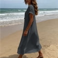 thumbnail image 6 of Rolled Short Sleeve Dresses for Women Notch V Neck Loose Straight Casual Maxi Dress With Decorative Buttons Lightweight Summer Beach Cover Up Vacation Dress, 6 of 6