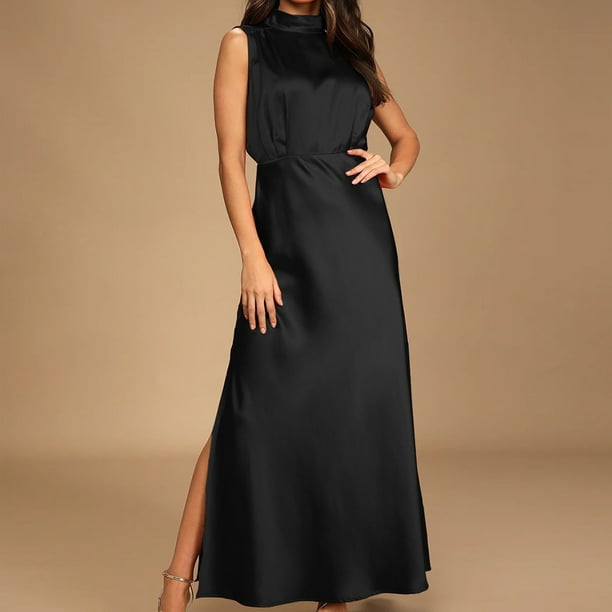 Vestido Formal De Satén Vestidos largos para mujer Vestido de noche con cuello simulado y abertura lateral para cóctel (Negro S) Cgtredaw Para estrenar