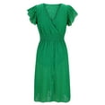 thumbnail image 4 of Summer Dresses for Women Party Outfit V Neck Ruffle Fly Sleeve Casual Eyelet Button Up Smocked Knee Length Dress (M, Green), 4 of 7
