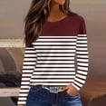 thumbnail image 2 of Lenpel T Shirts for Women Long Sleeve Crew Neck Side Split Striped Tunic Tops Loose Blouses Soft Casual Tees(Wine,Small), 2 of 5
