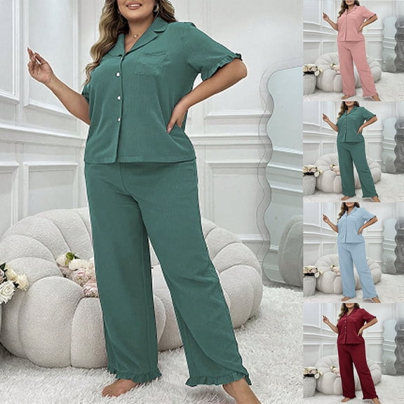 lcziwo Women Two Piece Set Plus Size Solid Color Pajamas Ruffle Short Sleeve Button Down Shirt and Pants Summer Nightgown Green XXXL