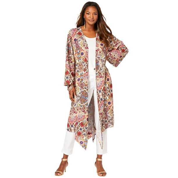 Roaman's Women's Plus Size Hanky-Hem Kimono Kimono - Walmart.com