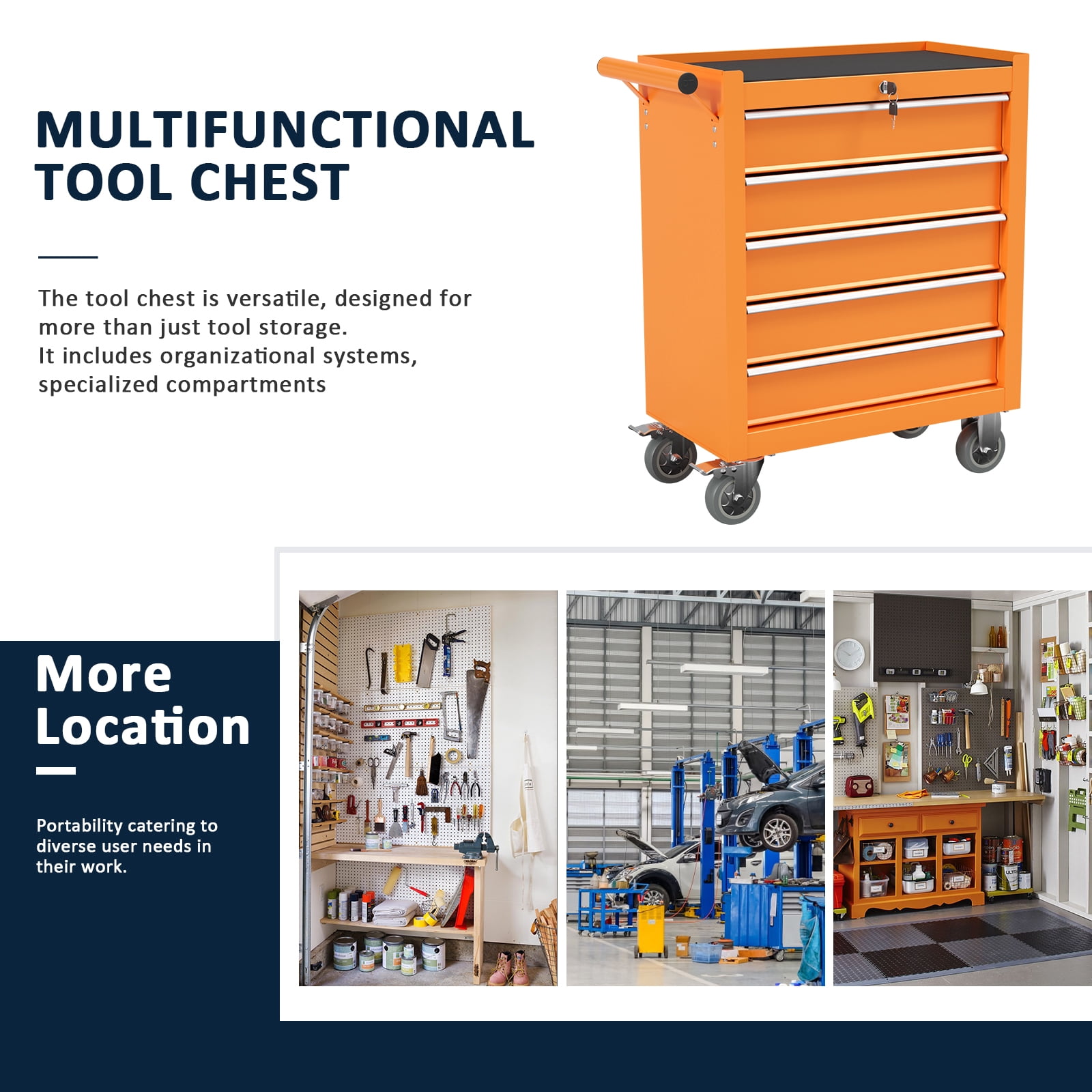 5 Drawer Rolling Tool Chest, Metal Tool Cart on Wheels,Tool Cabinet Key Locking & Drawer Storage,Tool Box Organizer for Garage,Warehouse(Orange)