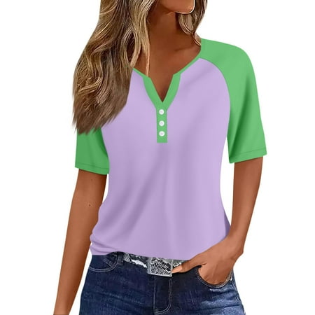 WEANT Summer Tops for Women 2024 T Shirts for Women Vacation Trendy Women s T-Shirts Casual Elbow-Length Raglan Sleeve Button Down V Neck Print Spring Outfits for Women Purple S