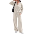 thumbnail image 2 of Mfakffe Womens 2‑Piece Tracksuit Set Henley Long Sleeve Top & Drawstring Wide Leg Pants Loose Soft Matching Loungewear Outfit, 2 of 5