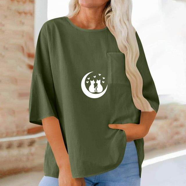 Xuyuer Women's Imitation Linen 3/4 Sleeve Blouse Crew Neck Summer Casual Tops Loose Fit Plus Size Tops Loose T Shirts Tunic Tops Shirts for Women Oversized Pocket T-shirt Fashionable Top