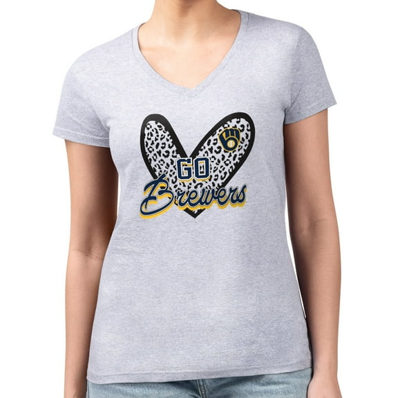 Women's G-III 4Her by Carl Banks Heather Gray Milwaukee Brewers Super-Slim Fit Lightweight Leopard Heart V-Neck T-Shirt