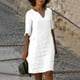 thumbnail image 2 of Gibobby Vestido de verano casual para mujer Algodón y lino manga corta vacaciones semi casual mujer cuello en V mini vestido color sólido mujer vestido(Blanco,M), 2 of 5