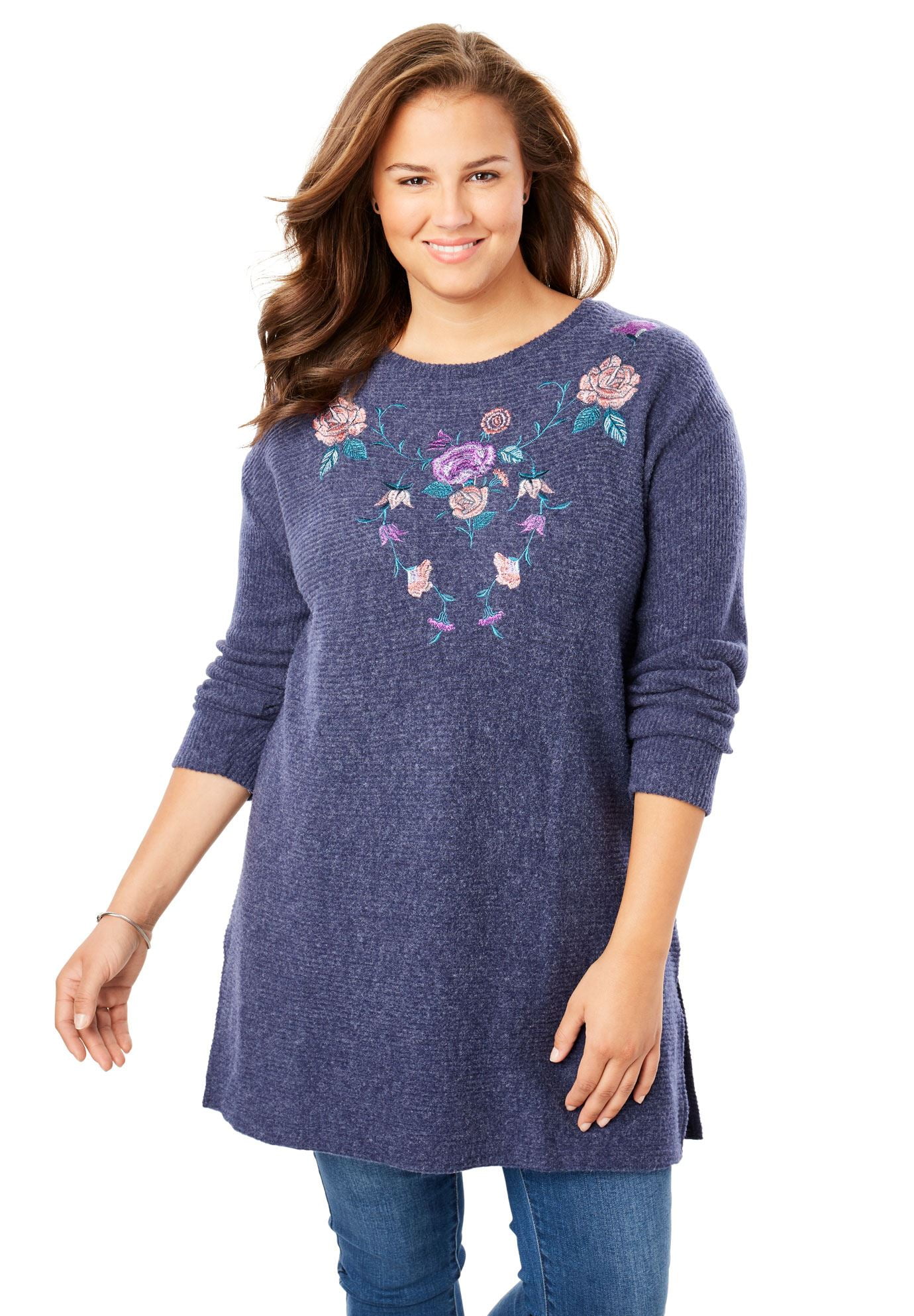 Plus Size Embroidered Soft Ribbed Fleece Tunic