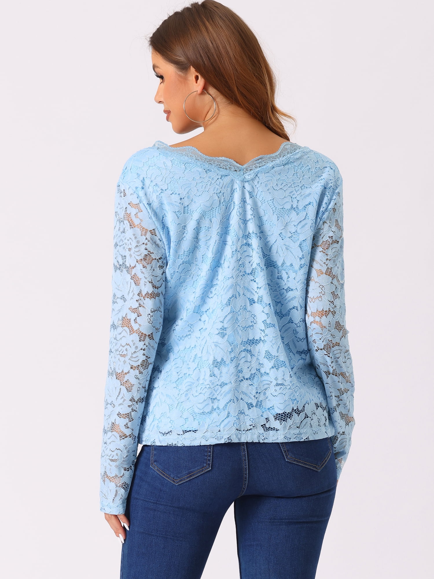 DARING DIVA Floral V-Neck Lace Scalloped Trim Blouse S Sky Blue