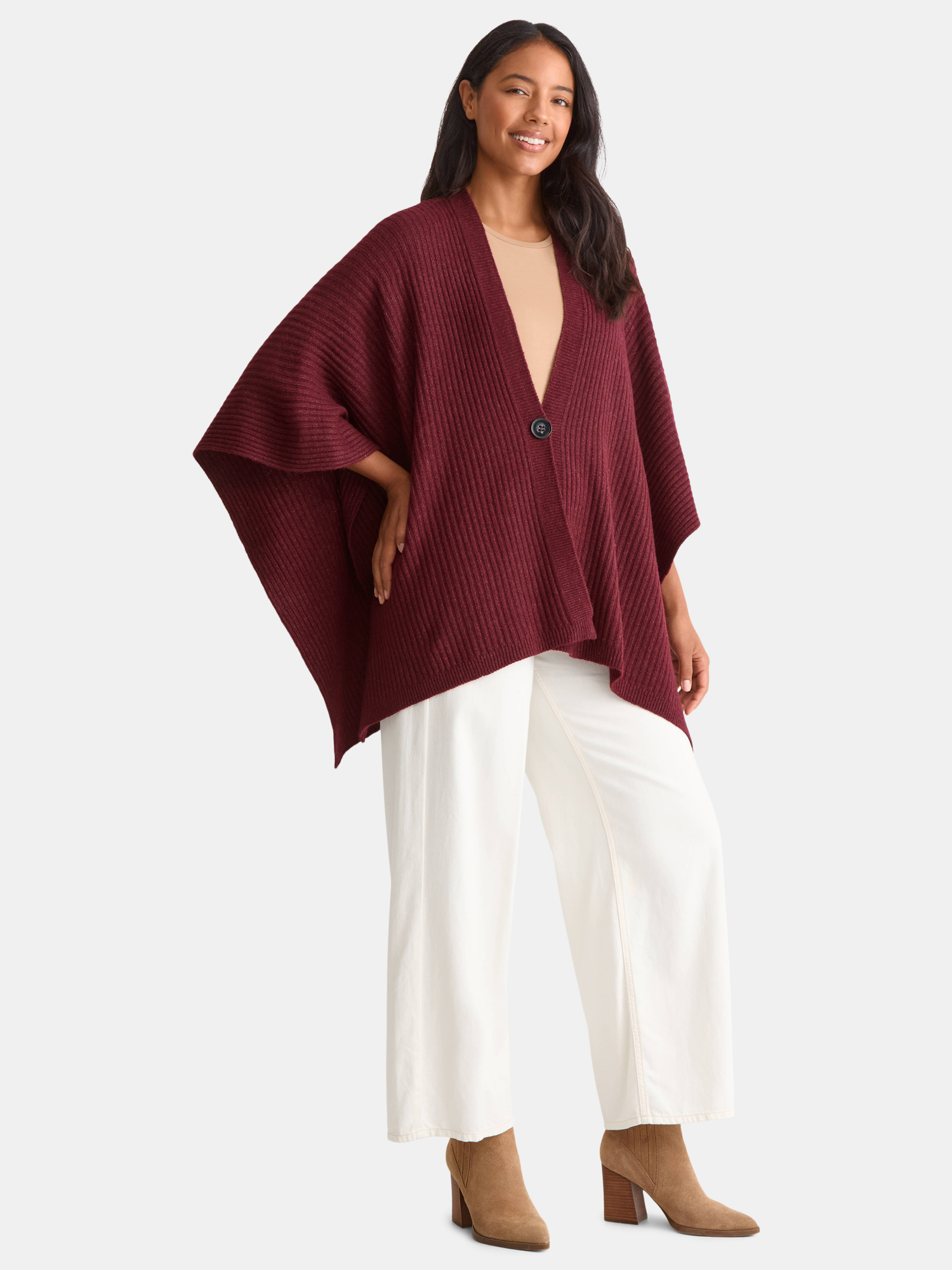 Time and Tru Women's Rib Knit Fashion Coverup with Button, One Size, Burgundy
