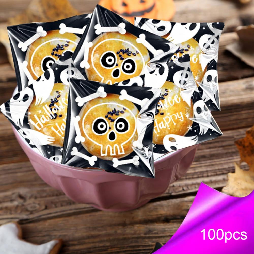 200 PCS Halloween Cellophane Treat Bags - Self Adhesive Clear Goodie Bags, 8 Designs For Trick Or Treat