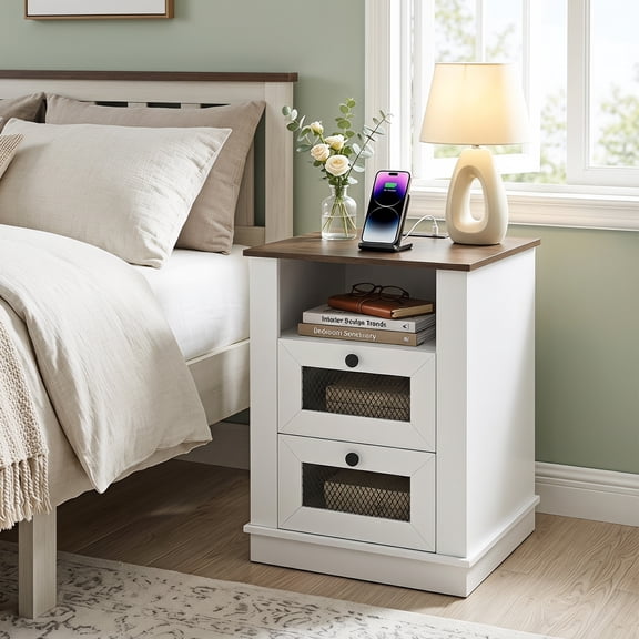 Costway 1 PCS Nightstand with Charging Station, Night Stand with Storage Compartment, 2 Drawers