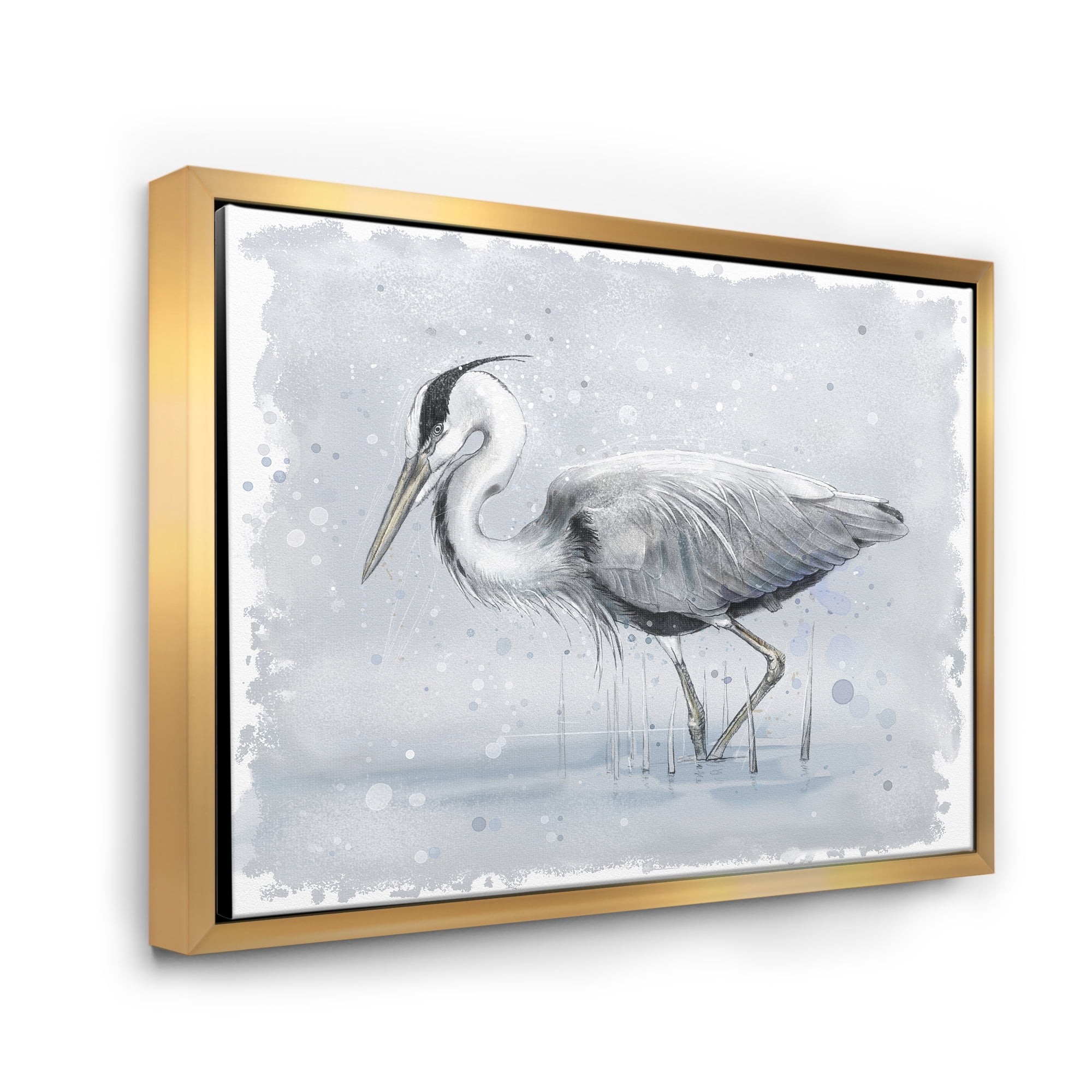Grey Heron Bird In Lake 20 in x 12 in Framed Painting Canvas Art Print, by Designart