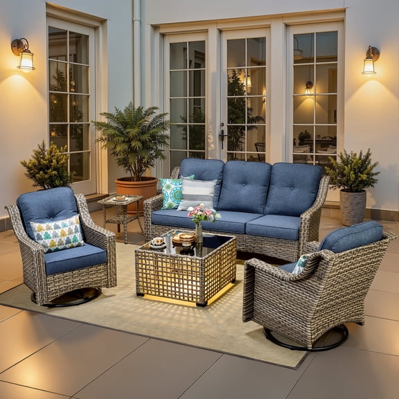 Ovios 5 Pieces Outdoor Patio Furniture Set High-Back Rattan Wicker Conversation Set Outdoor Sectional with Swivel Chairs & Solar Light Coffee Table, Denim Blue