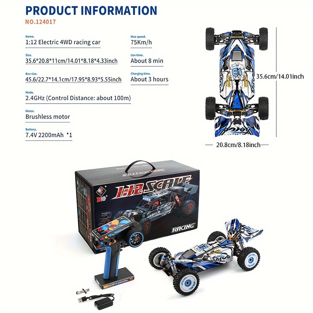 Wltoys 1/12 124017 2.4G Racing RC Cars 4WD Brushless Motor 75Km/H High Speed Remote Control Off-road Drift with 2Batteries Toys for Aldult Boy