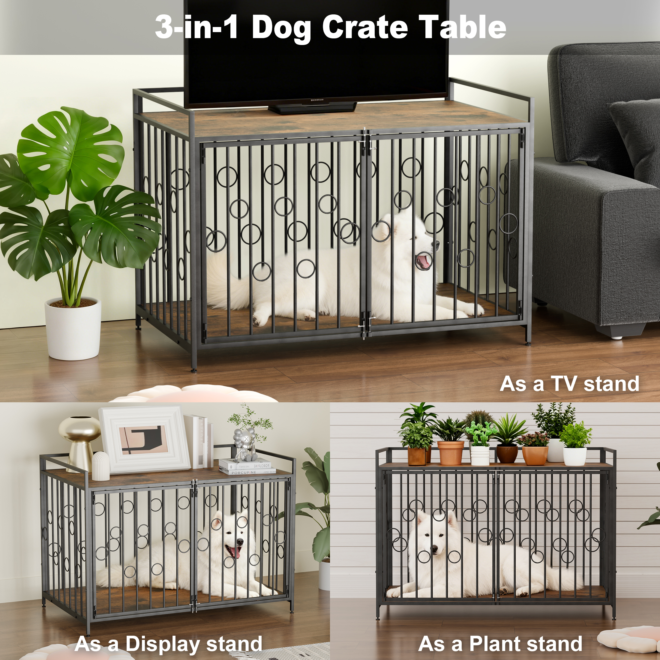 TIME RAY Dog Crate Furniture for Medium Dog with Double-Doors , Dog Kennel Indoor Decorative Pet House Dog Cage Table, Brown