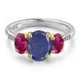 thumbnail image 3 of Gem Stone King 925 Silver and 10K Yellow Gold Blue Lapis and Red Created Ruby and Lab Grown Diamond Engagement Ring for Women | 3.06 Cttw | Oval 9X7MM | Birthstone | Size 7, 3 of 6