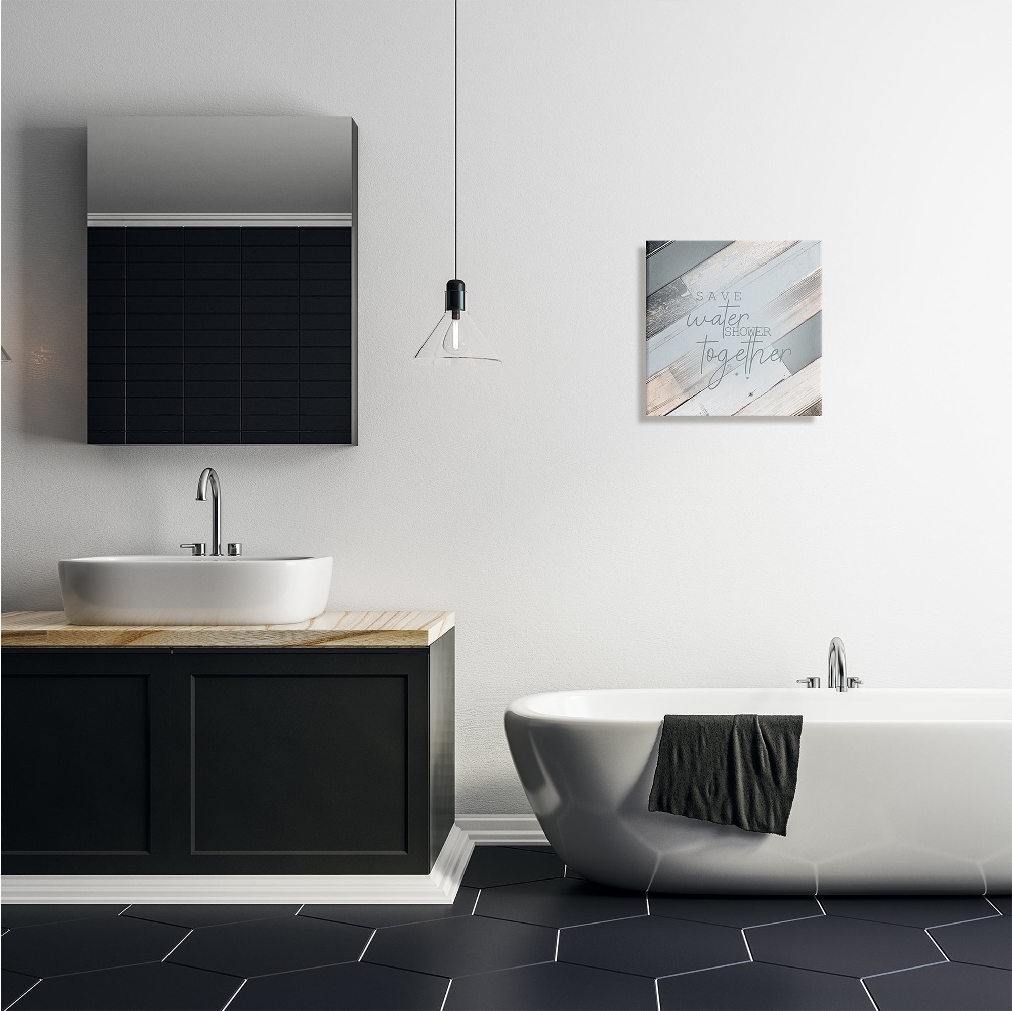 Save Water Shower Together Slate Blue Planked Wood Look Typography Gallery-Wrapped Canvas Print Wall Art, 17x17