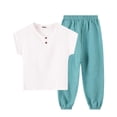 thumbnail image 3 of SGFCWSX Boys 2 Piece Outfits Henley Short Sleeve T-Shirt Jogger Pants Summer Casual Linen Cotton Clothes Set Light Blue Size 4T, 3 of 7
