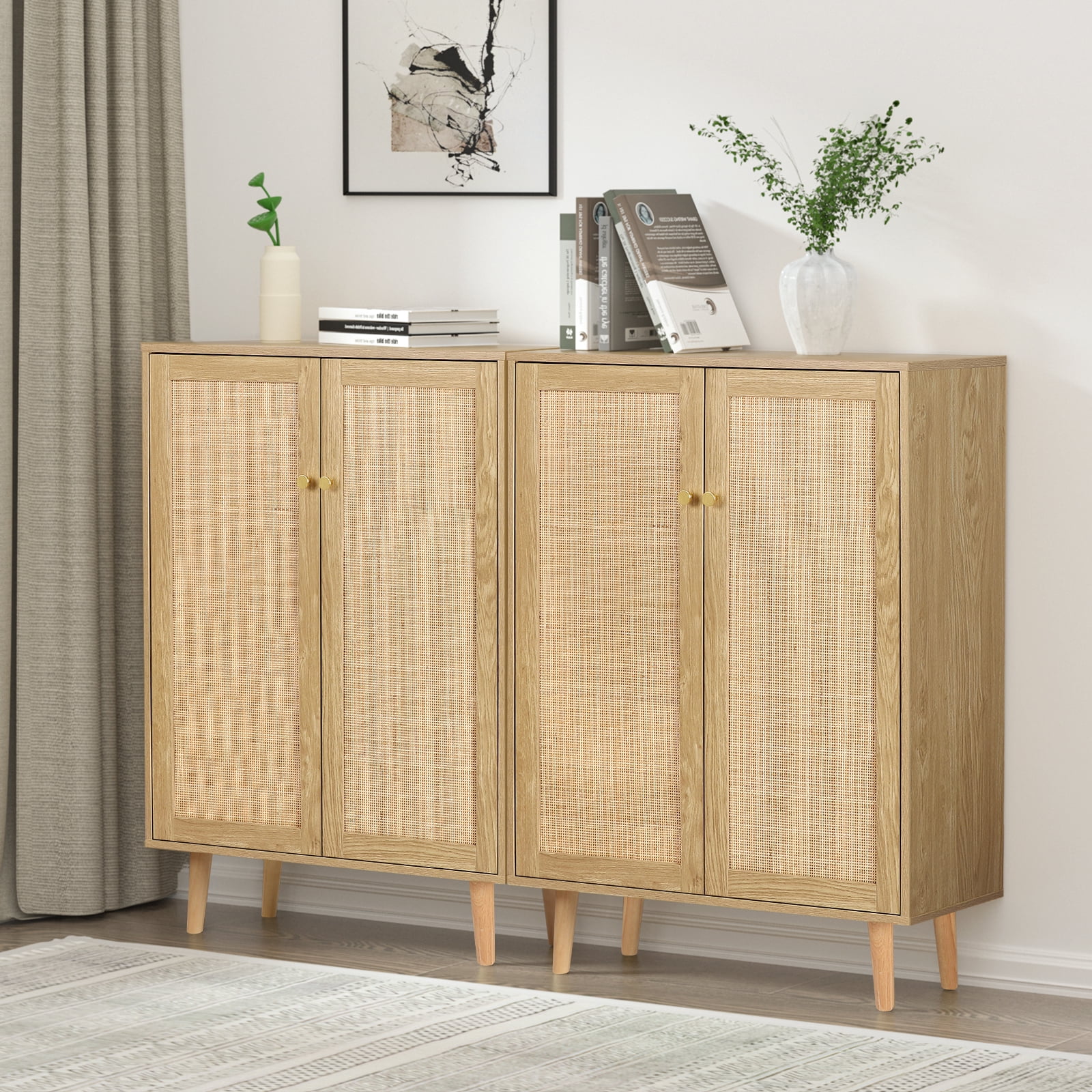 Eumyviv  Farmhouse Storage Cabinet with 2 Door, Rattan Sideboard Oak Storage Cabinet for Living Room, Oak H0030