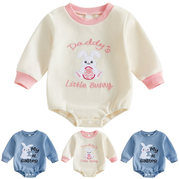 WUANDIXFA My First Easter Baby Boy Girl Outfit Long Sleeve Bunny Letter Embroidery Sweatshirt Romper Jumpsuit (Blue, 3-6 Months)