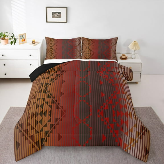 Homewish Red Brown Aztec Bedding Comforter Set for Adult, Hippie Stripes Abstract Twin Comforter Sets, Southwestern Style Reversible Bedding Set, Super Cozy Room Decor, 2pcs