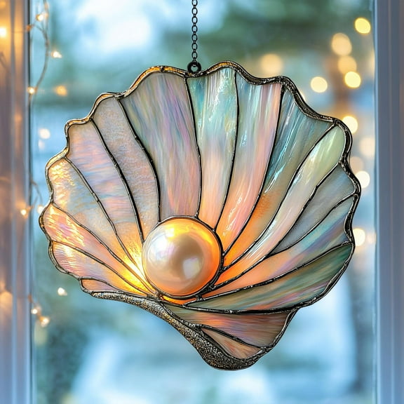 Seashell Acrylic Suncatcher â€“ Faux Stained Glass Window Hanging with Iridescent Seashell and Pearl, Coastal Decor Gift for Ocean Beach Lover