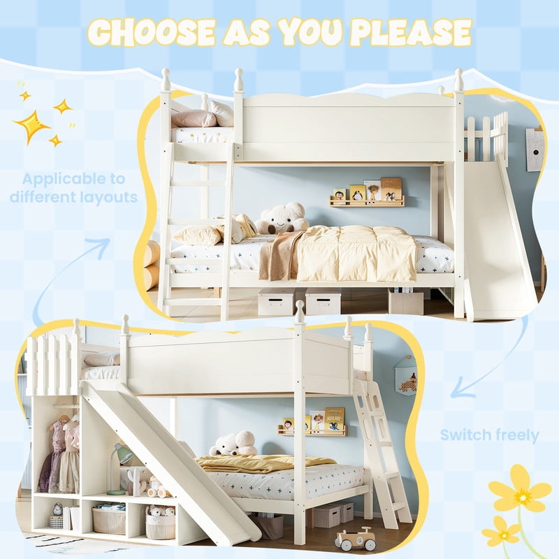 Full-Over-Full Size Kids Bunk Bed with Open Storage Shelves & Small Wardrobe, Wooden Princess Bed Frame with Ladder & Slide