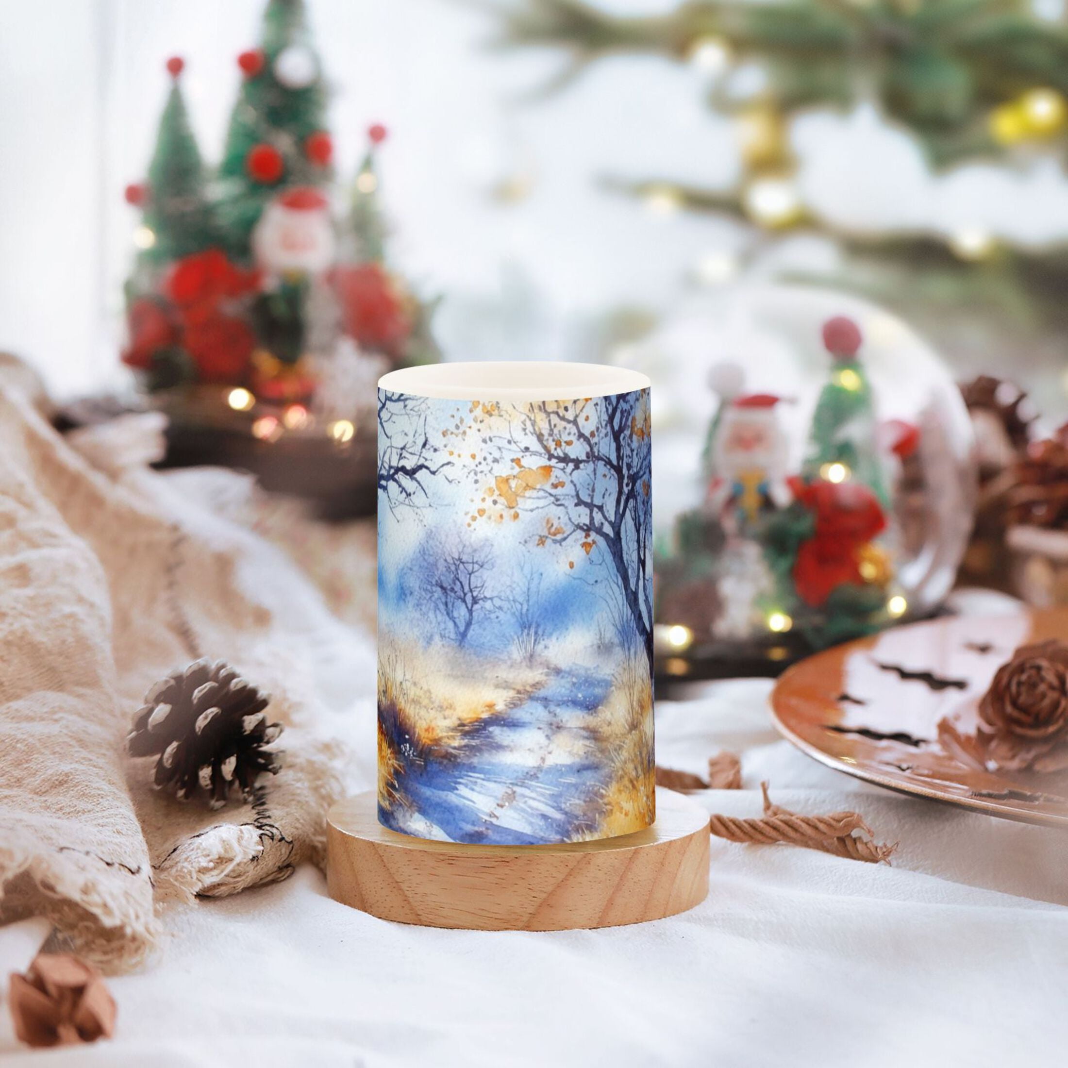Watercolor Autumn Trees Flickering Flameless Candles Battery Operated with Remote Timer LED Pillar Candles Set of 2